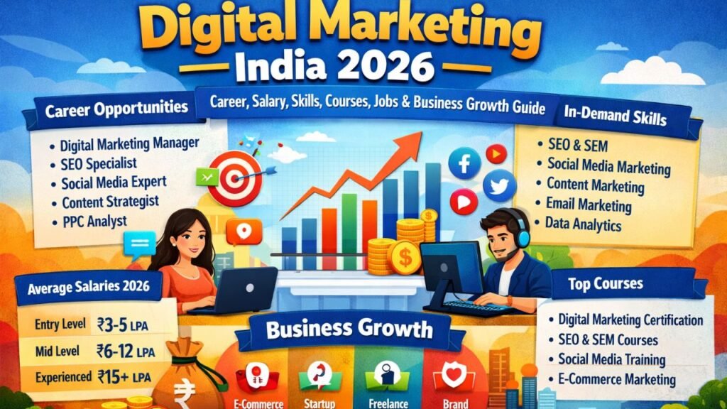 Digital Marketing India 2026 – Career, Salary, Skills, Jobs, Freelancing & Business Growth Guide Digital Marketing India 2026 – Career, Salary, Skills, Courses, Jobs & Business Growth Guide