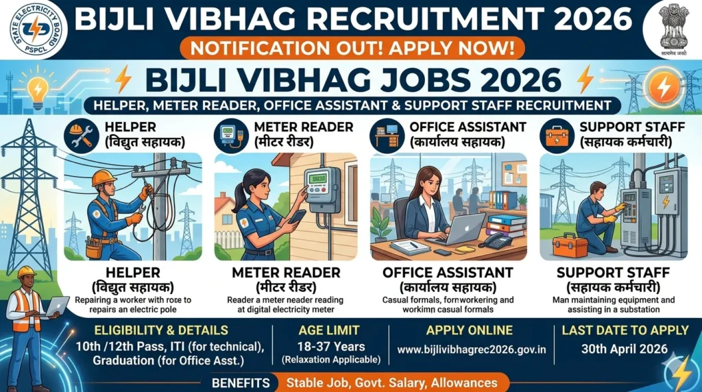 Bijli Vibhag Careers 2026: Complete Guide to Helper, Meter Reader, Office Assistant & Support Staff Recruitment Bijli Vibhag Careers 2026